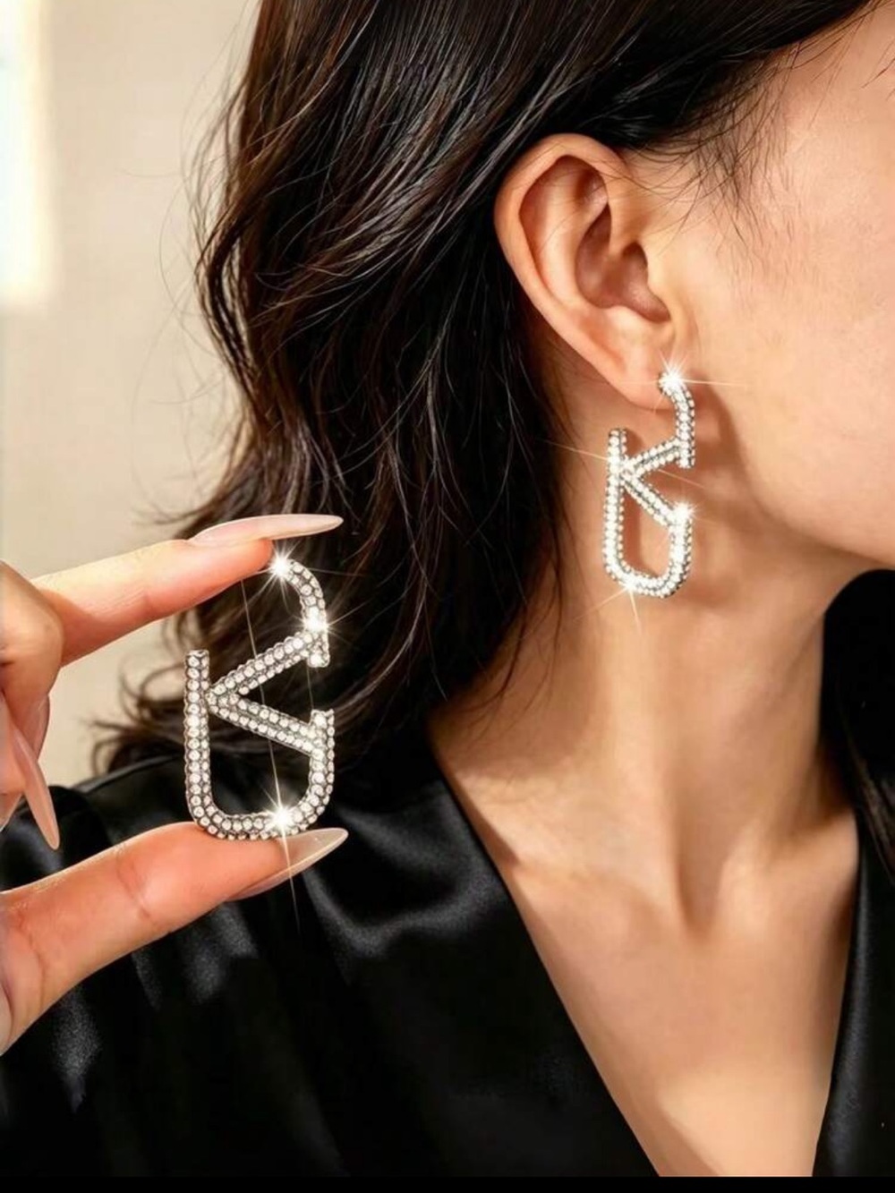 Rhinestone Geometric Hoop Earrings - Silver